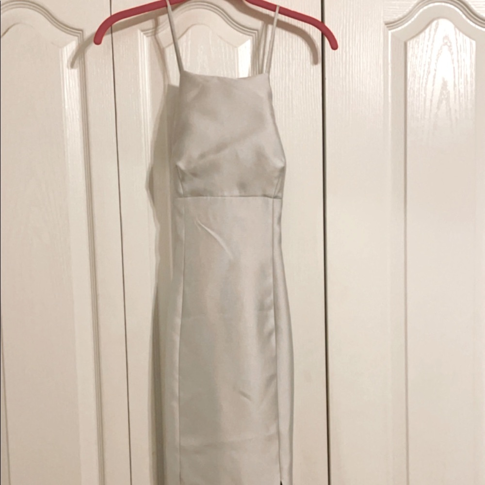 Shiny Silver High Square Neck Strappy Back Formal Midi Dress